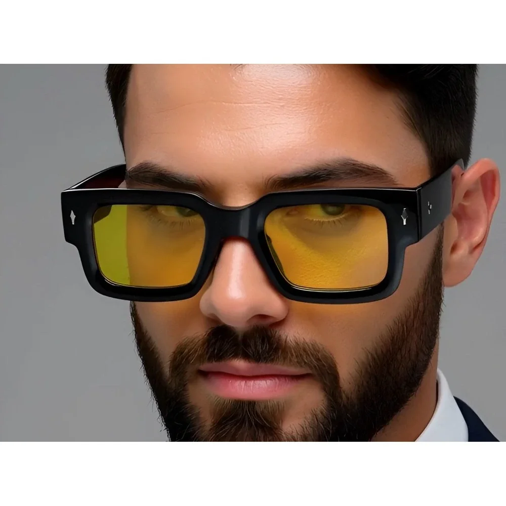 Mens Black Square Frame Sunglasses‎ Yellow Lens Fashion Eyewear Hip Hop Street